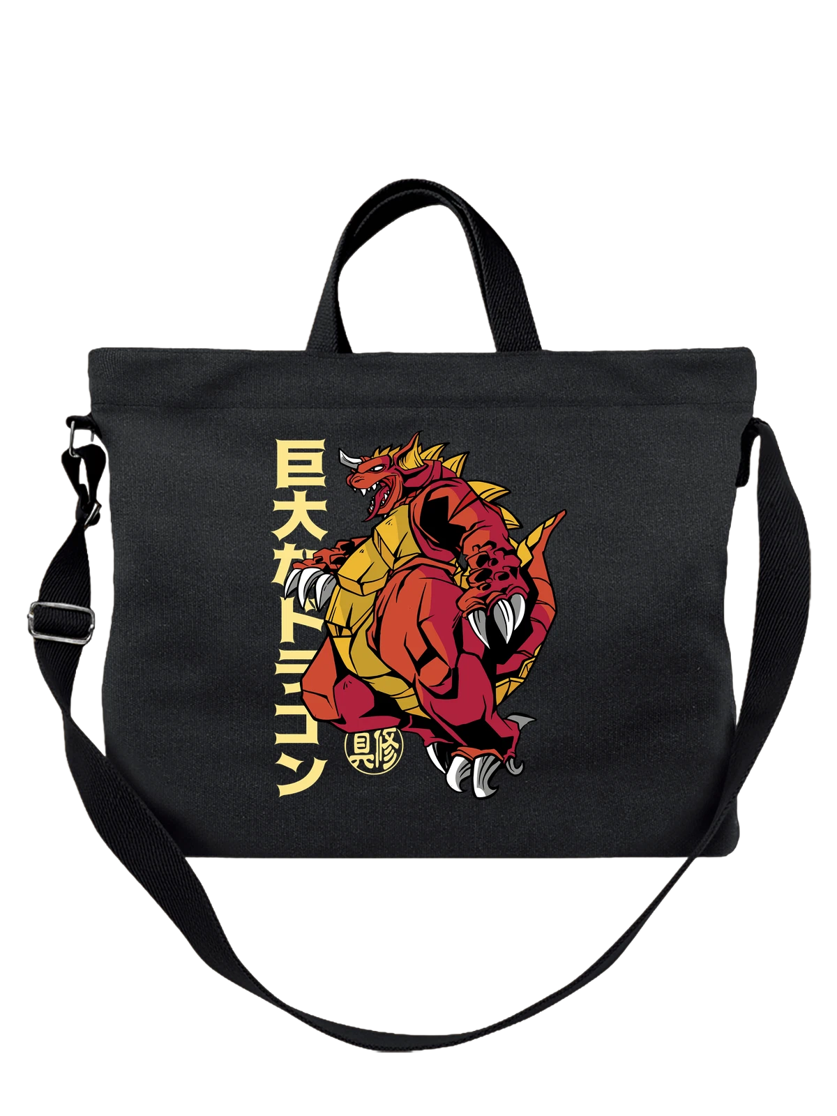 Сумка чёрная с принтом Красный дракон с рогами и когтями — дракон с клыками — Чёрная, фото 1