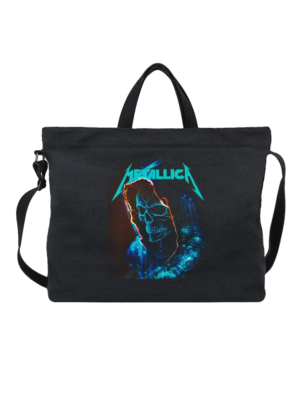 Сумка чёрная с принтом Metallica череп в капюшоне неоновый — хеви метал — Чёрная, фото 1