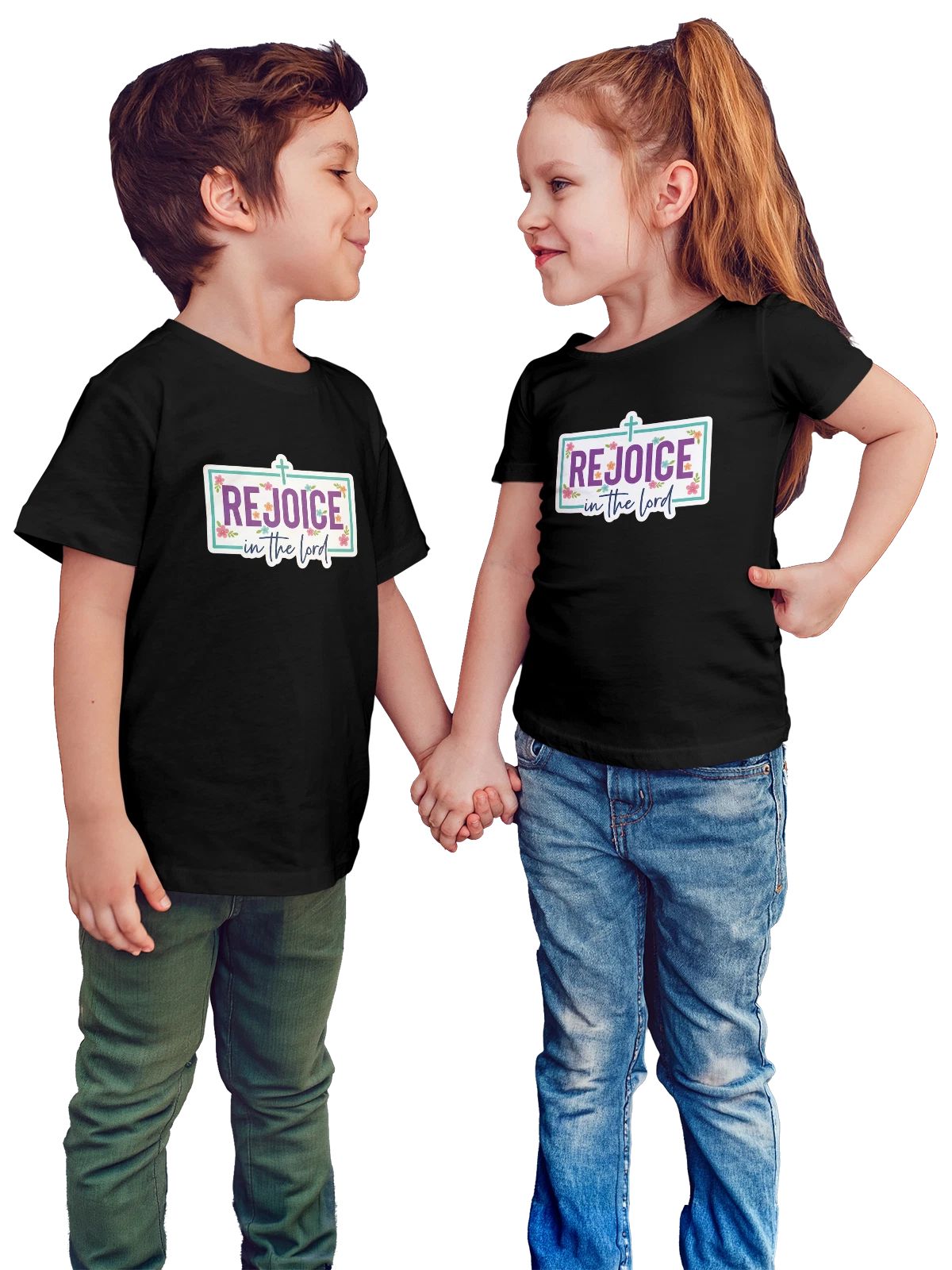 Футболка детская Rejoice in the Lord с крестом и цветами чёрная с принтом — духовность — Чёрная, фото 1