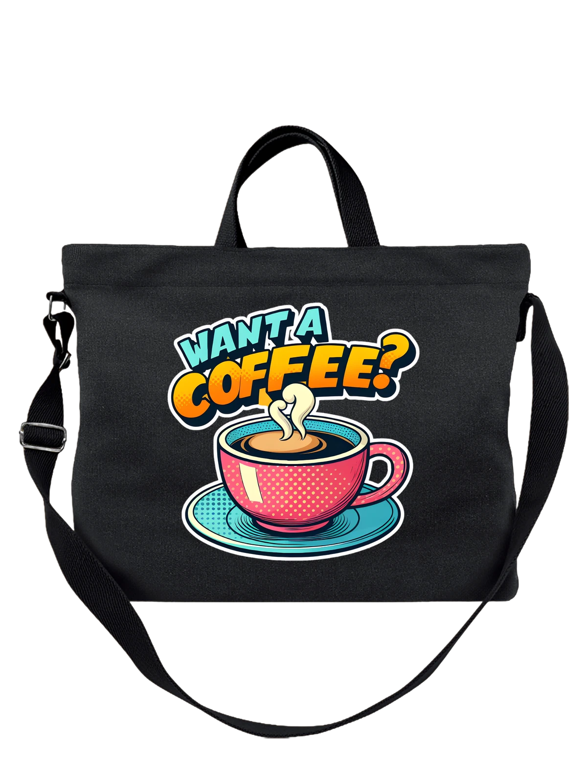 Сумка чёрная с принтом Чашка кофе Want A Coffee надпись — пар над напитком — Чёрная, фото 1