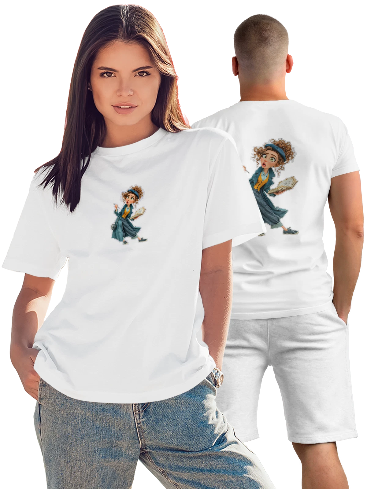 Футболка Удивлённая девочка-художница с блокнотом белая с принтом на спине — детский художественный образ — Белая, фото 1