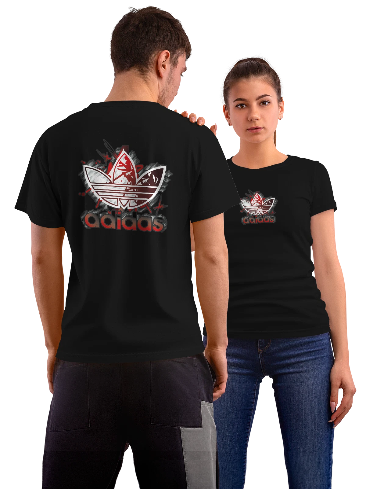 Футболка с логотипом Adidas, листья и три полосы чёрная с принтом на спине — three stripes — Чёрная, фото 1