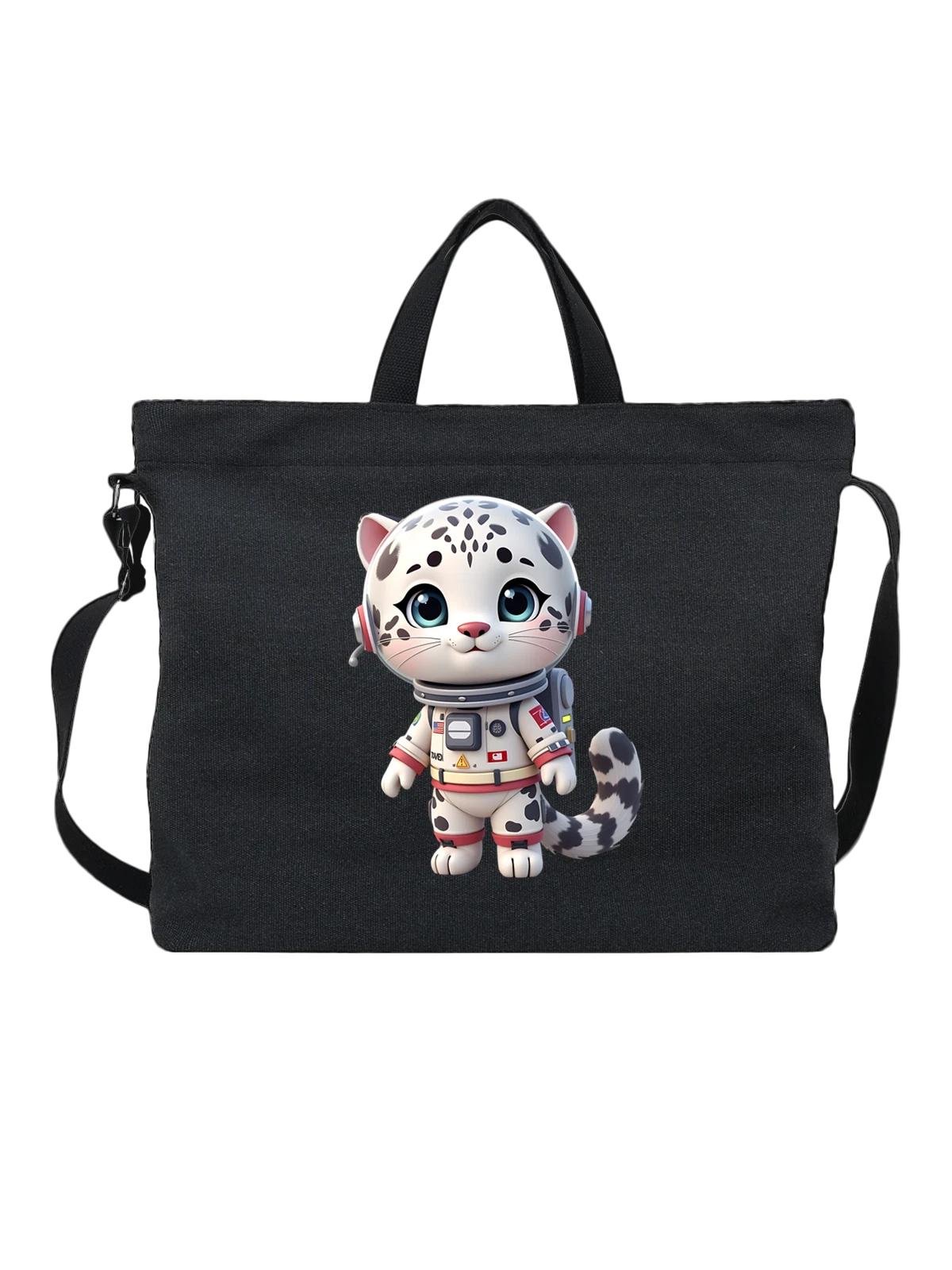 Сумка Котенок космонавт в белом скафандре с нашивками чёрная с принтом — большой хвост — Чёрная, фото 1