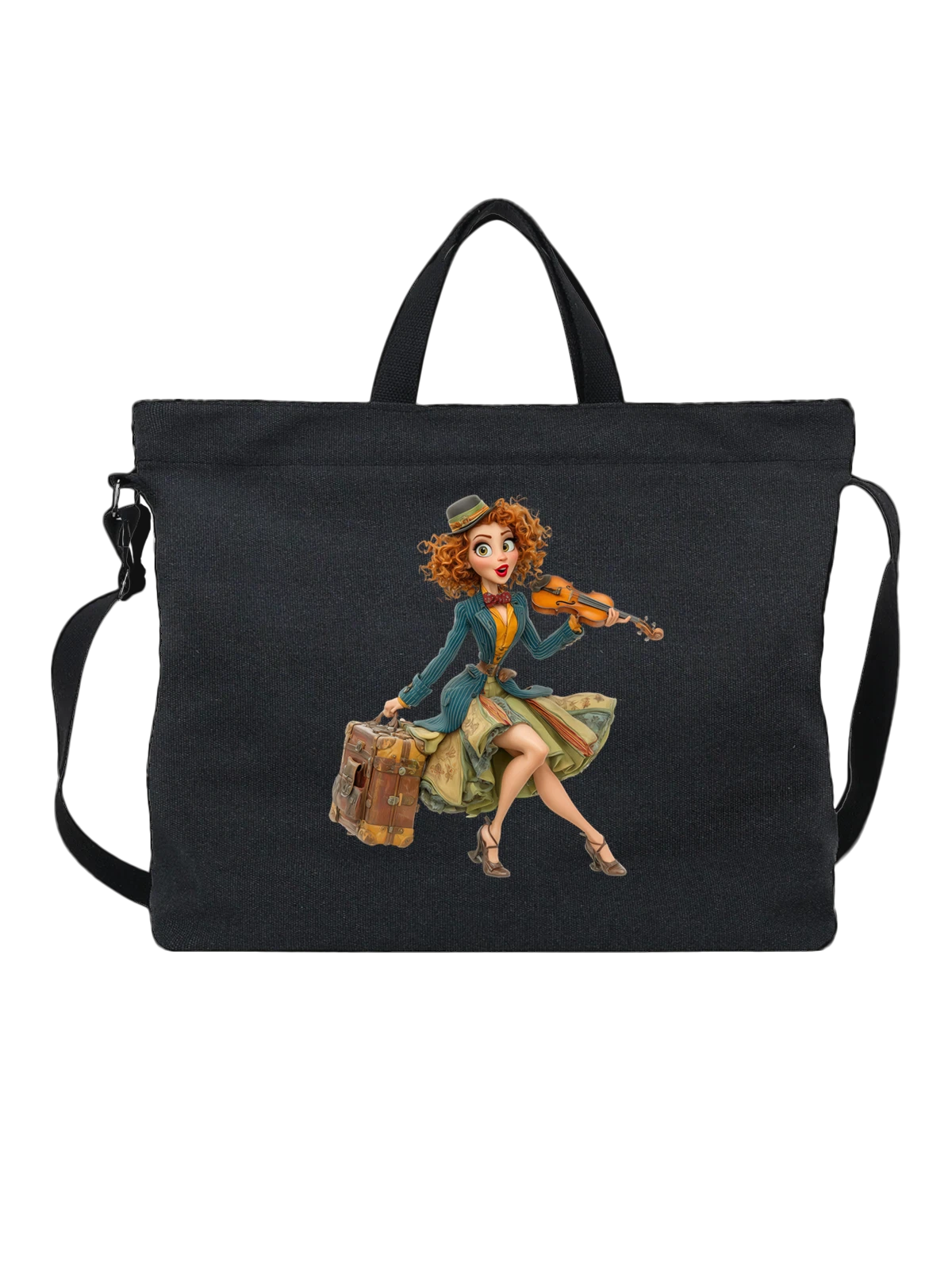 Сумка чёрная с принтом Кукла-скрипачка с чемоданом и шляпой — violinist doll — Чёрная, фото 1