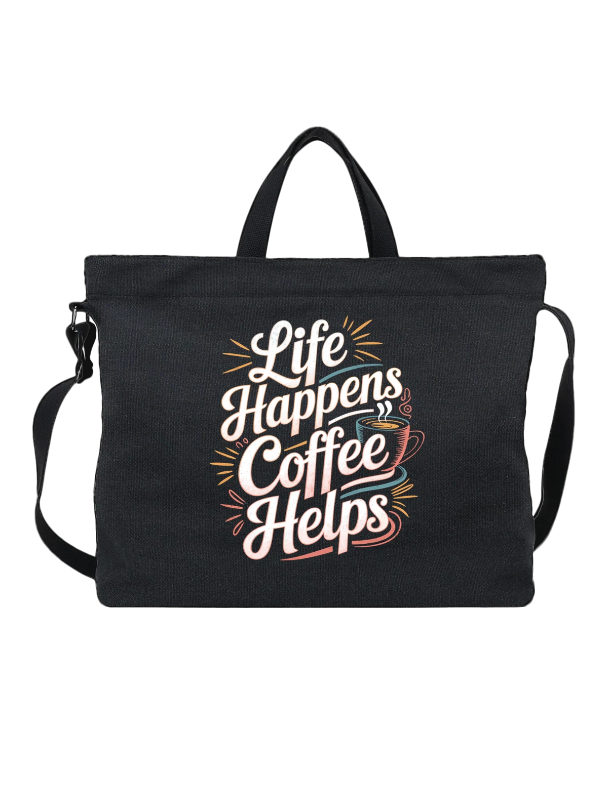 Сумка чёрная с принтом с надписью Life Happens Coffee Helps — подарок любителю кофе — Чёрная, фото 1