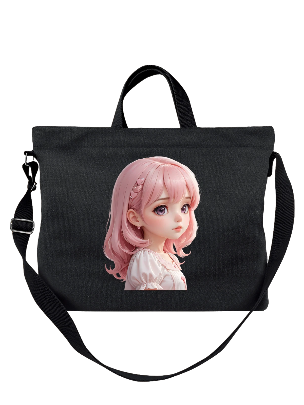 Сумка чёрная с принтом Аниме девочка с розовыми волосами и сердечками — kawaii portrait — Чёрная, фото 1