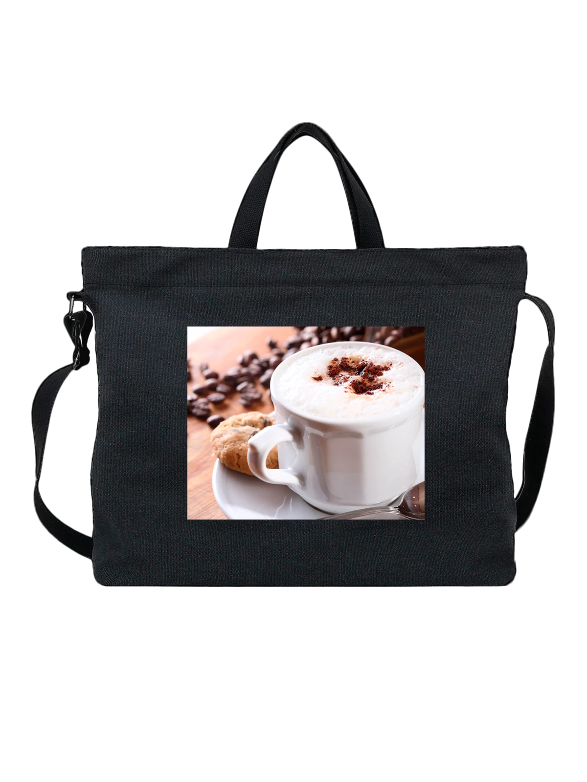 Сумка чёрная с принтом на кухню Еда Cappuccino — подарок кулинару — Чёрная, фото 1