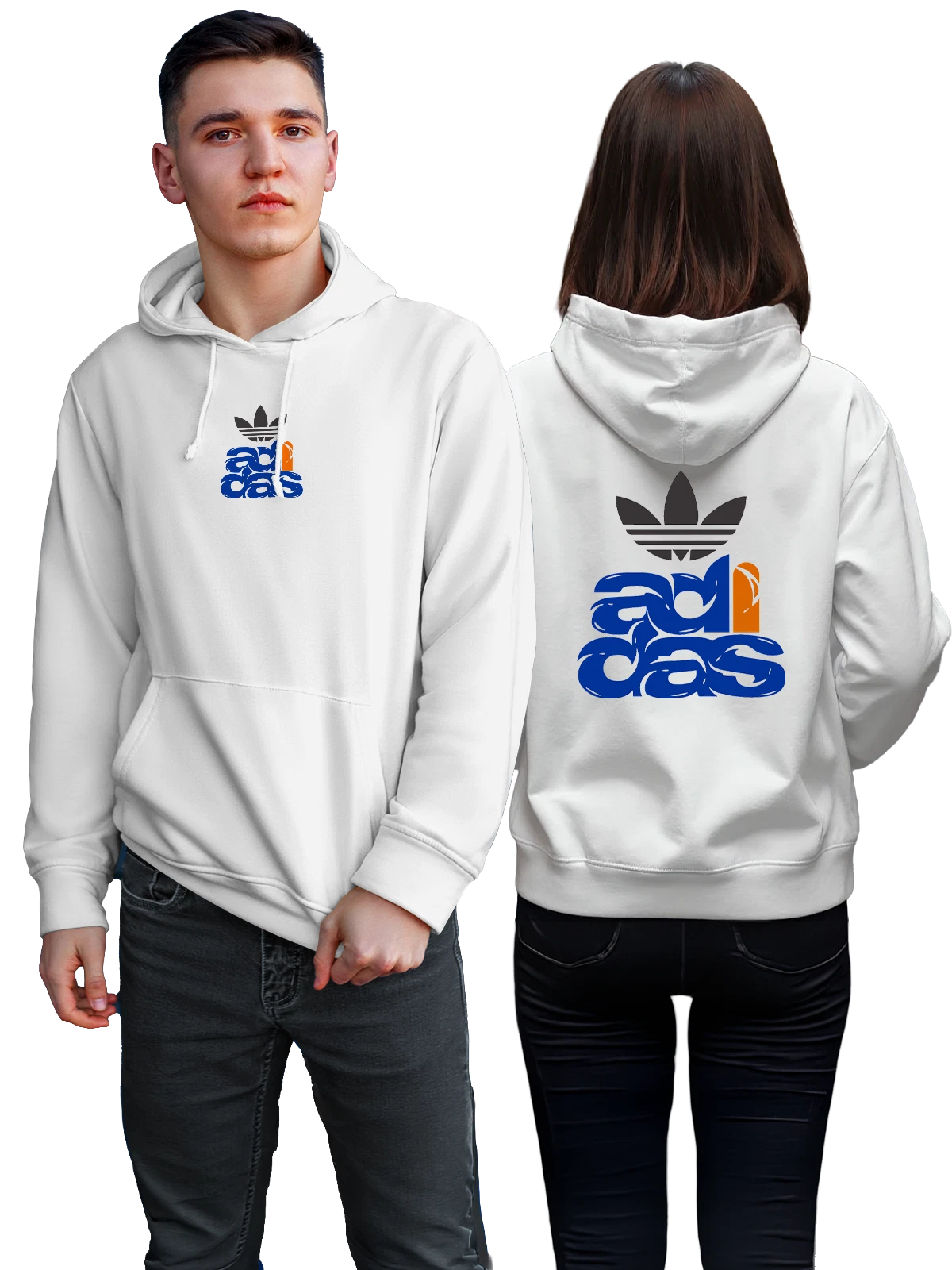 Худи с логотипом adidas в синем и оранжевом белое с принтом — синий логотип — Белая, фото 1