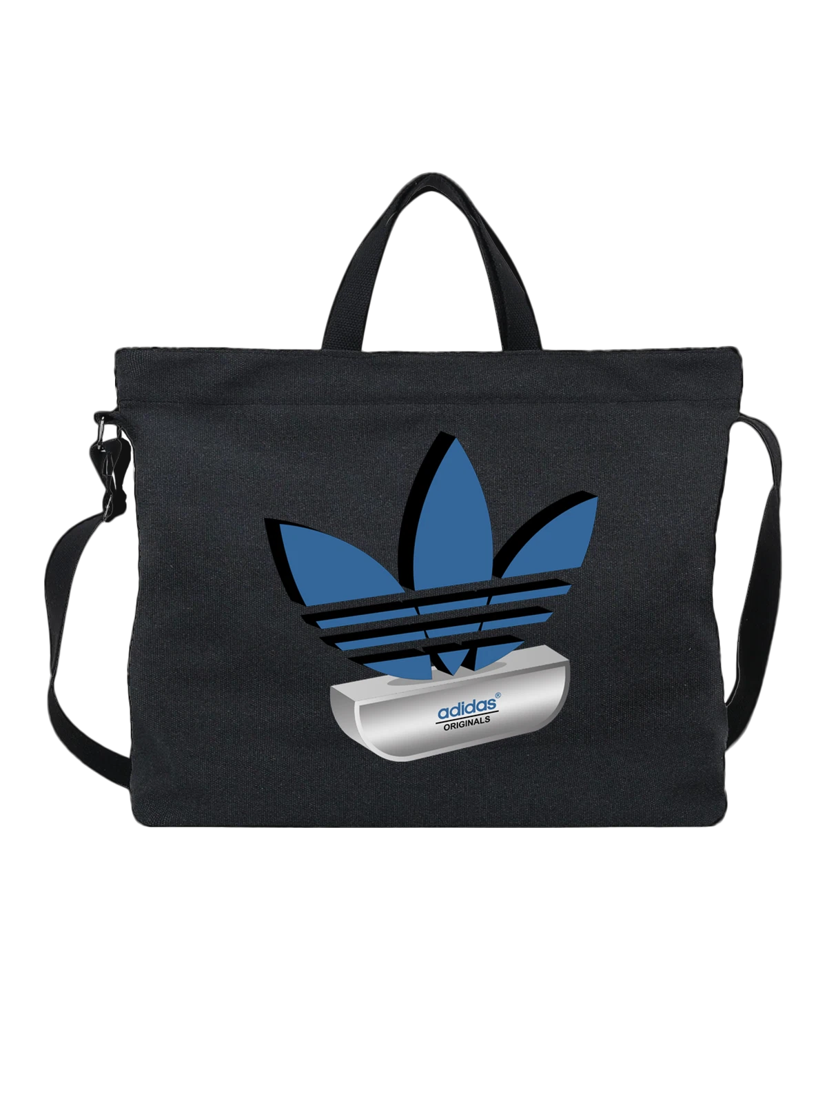 Сумка Adidas Trefoil logo синие лепестки чёрная с принтом — черная окантовка — Чёрная, фото 1
