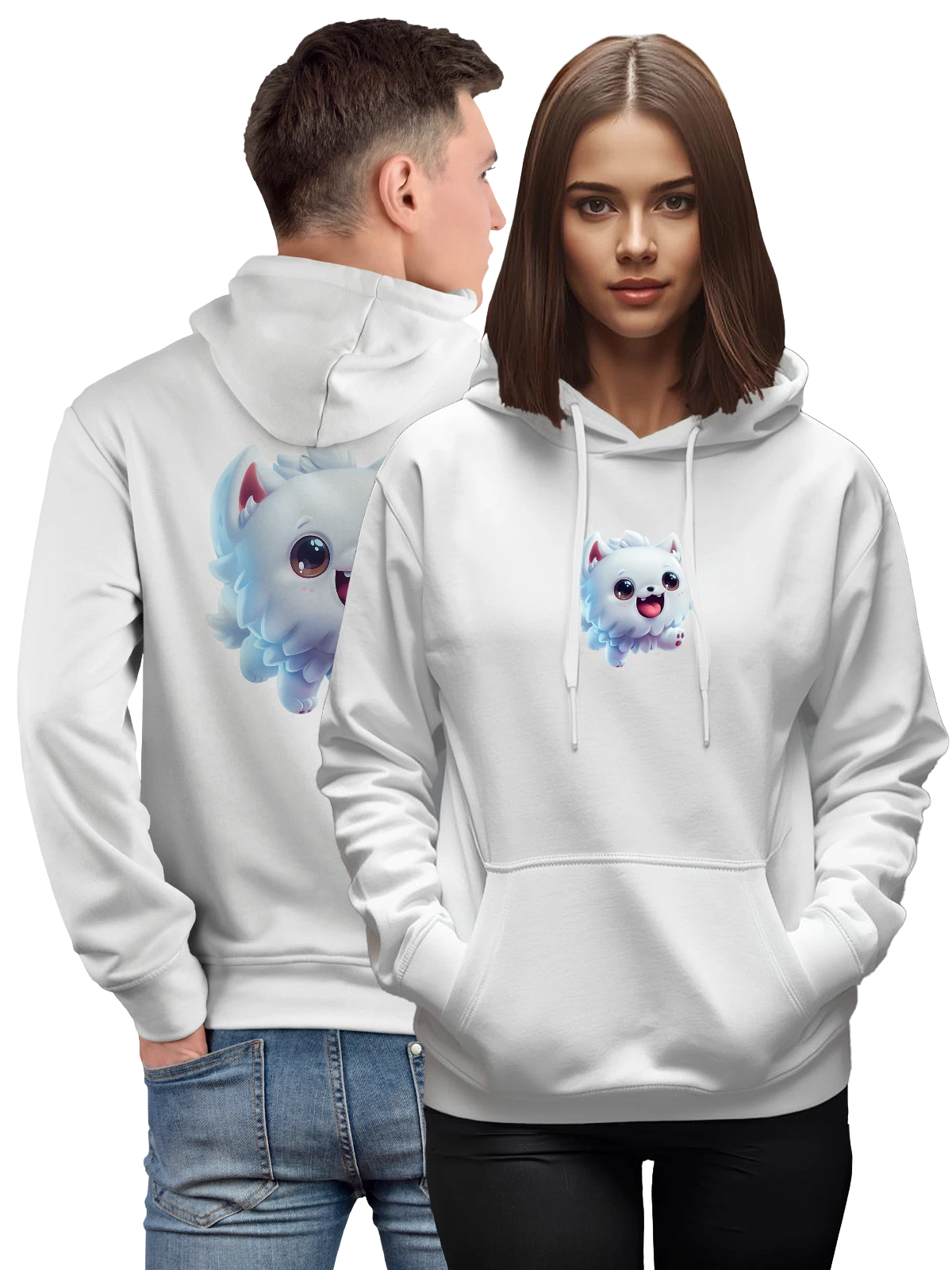 Худи Белый пушистый щенок с большими глазами белое с принтом — розовый язык — Белая, фото 1