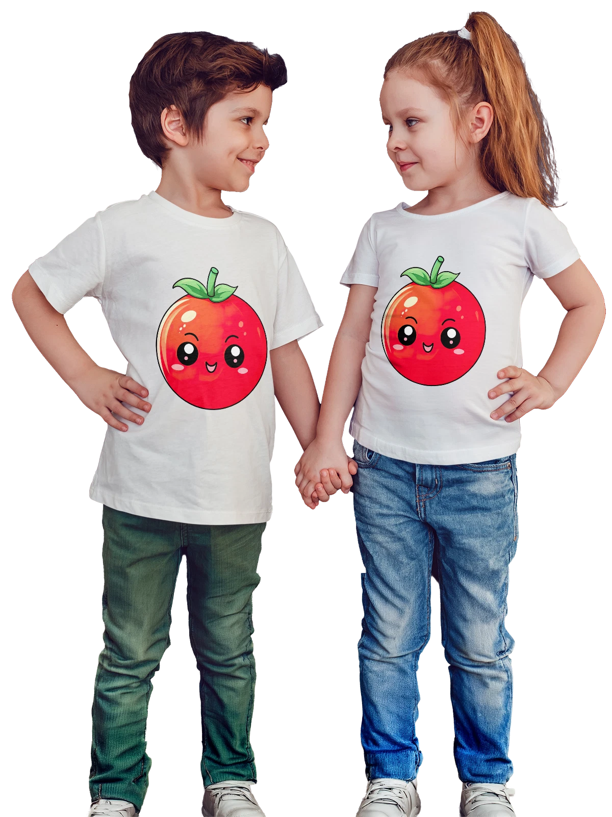Футболка детская Милый красный помидор с листочками белая с принтом — cartoon tomato — Белая, фото 1