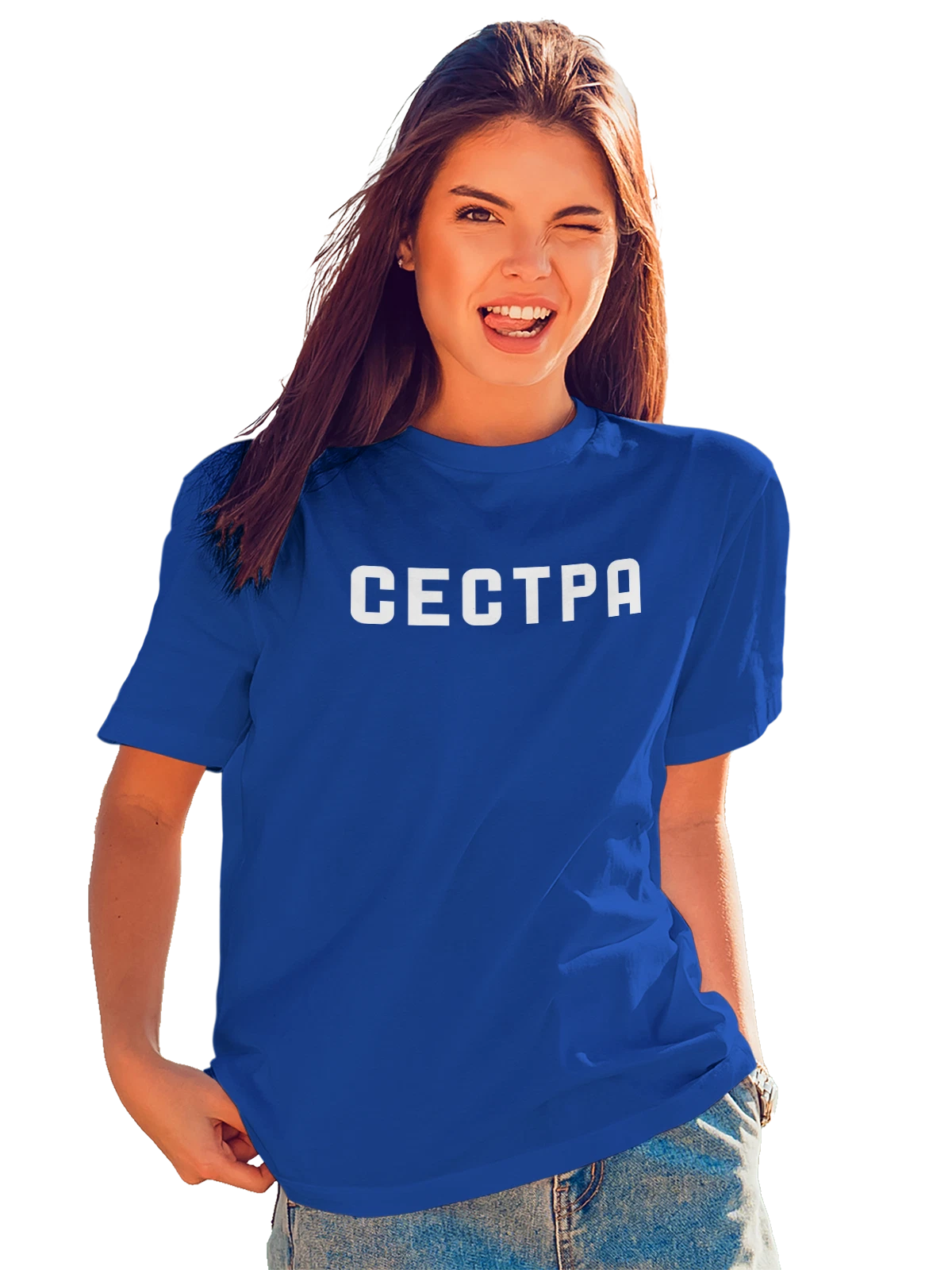 Футболка с надписью сестра синяя с принтом — для мужа — Синяя, фото 1