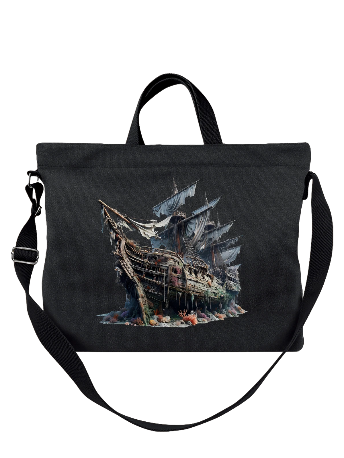 Сумка чёрная с принтом Затонувший пиратский корабль с парусами — обломки мачт — Чёрная, фото 1