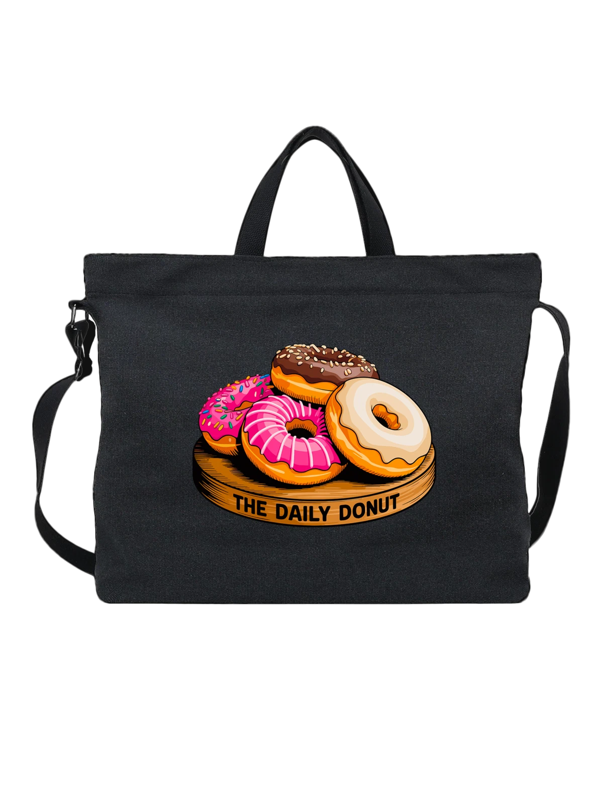 Сумка чёрная с принтом с ассорти пончиков THE DAILY DONUT — glazed donuts — Чёрная, фото 1