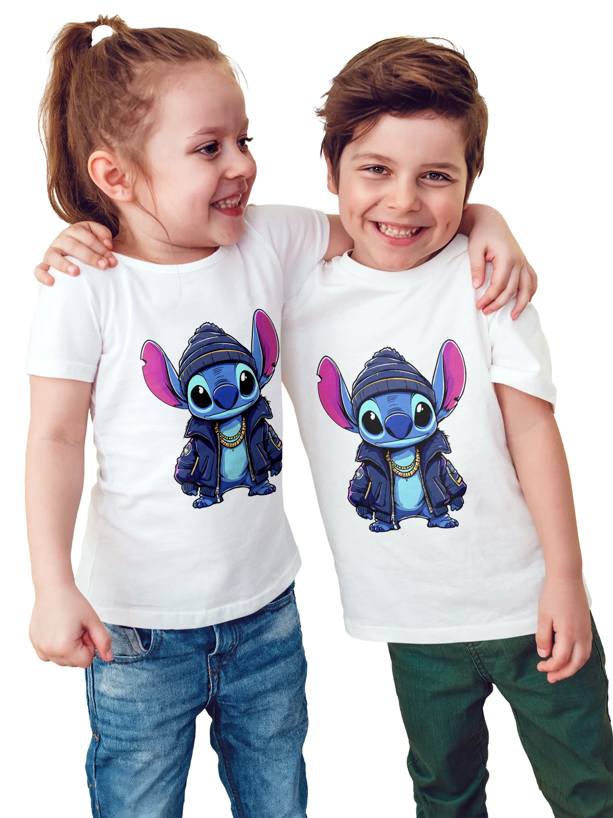 Футболка детская Стич Stitch мультфильм уличный хип-хоп белая с принтом — золотая цепочка — Белая, фото 1