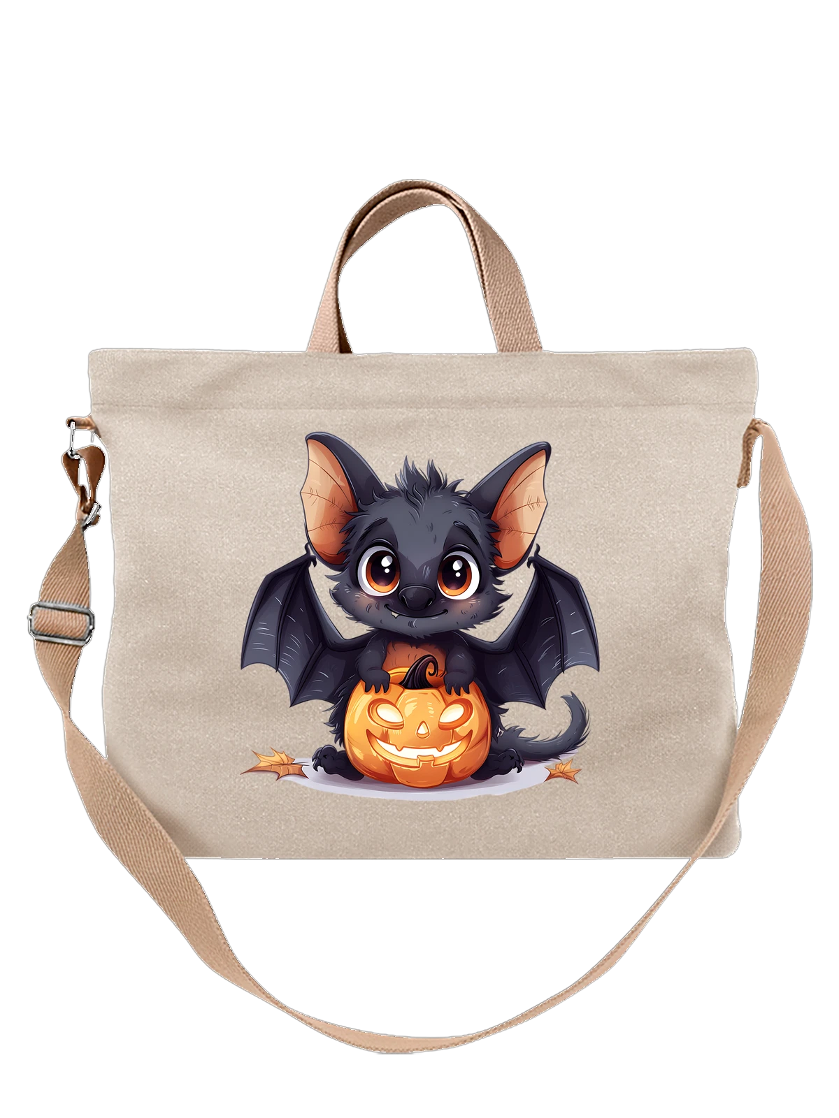 Сумка бежевая с принтом Летучая мышь с тыквой на Хэллоуин милый — halloween — Бежевая, фото 1
