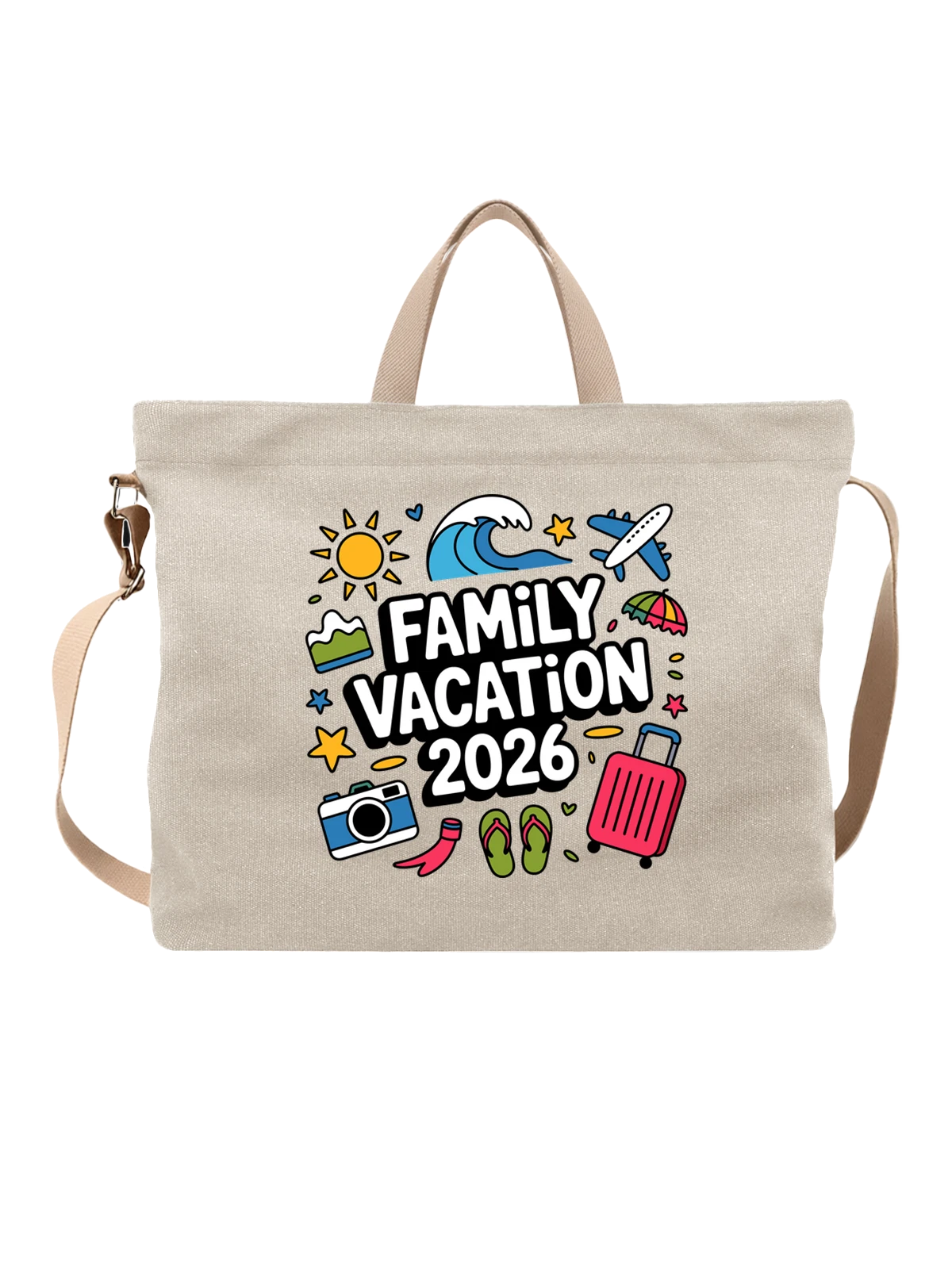 Сумка бежевая с принтом Family Vacation 2026 с пляжем и чемоданом — отдых на море — Бежевая, фото 1