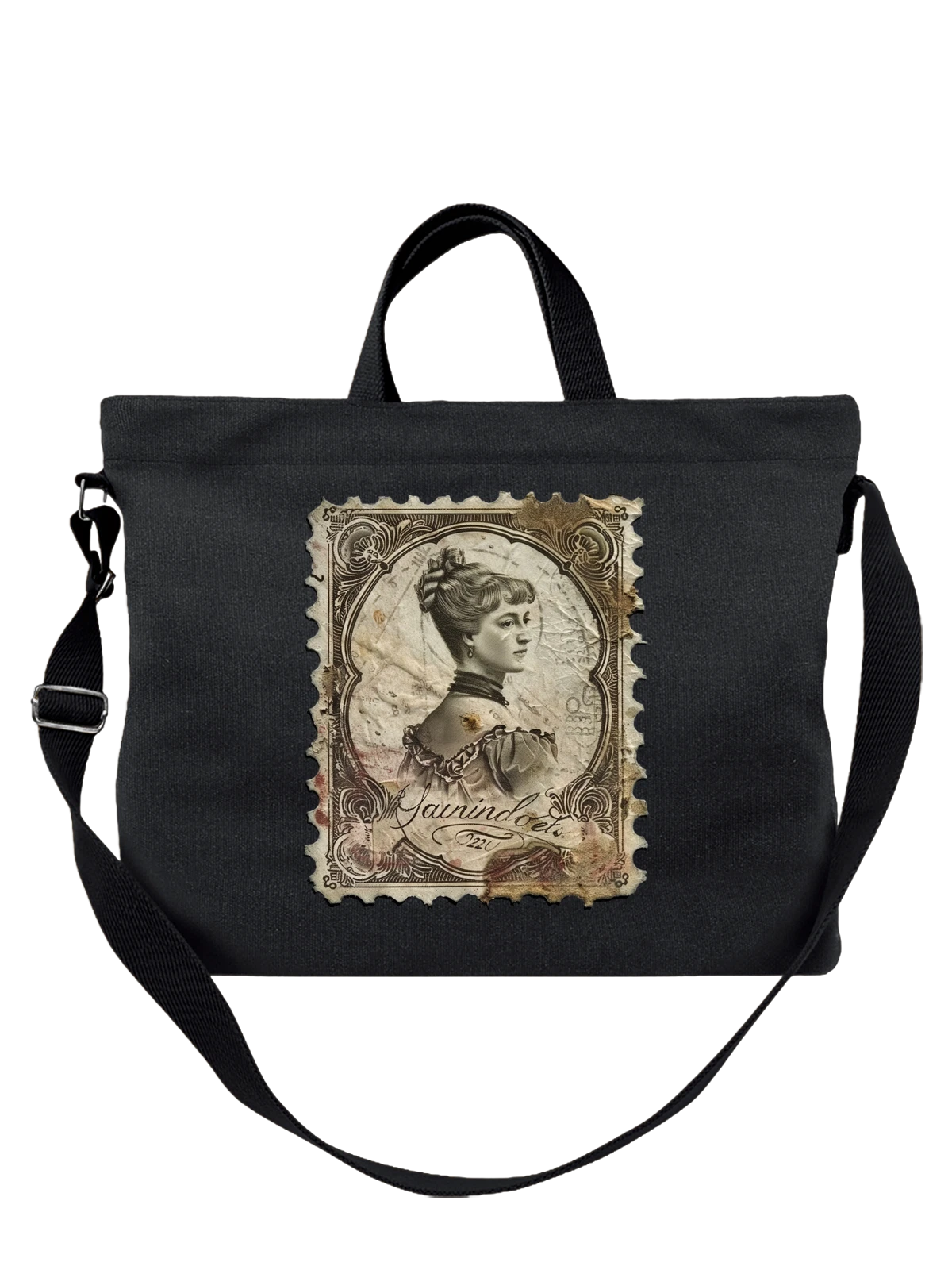 Сумка чёрная с принтом Винтажный портрет девушки в старинной рамке — антикварная иллюстрация — Чёрная, фото 1