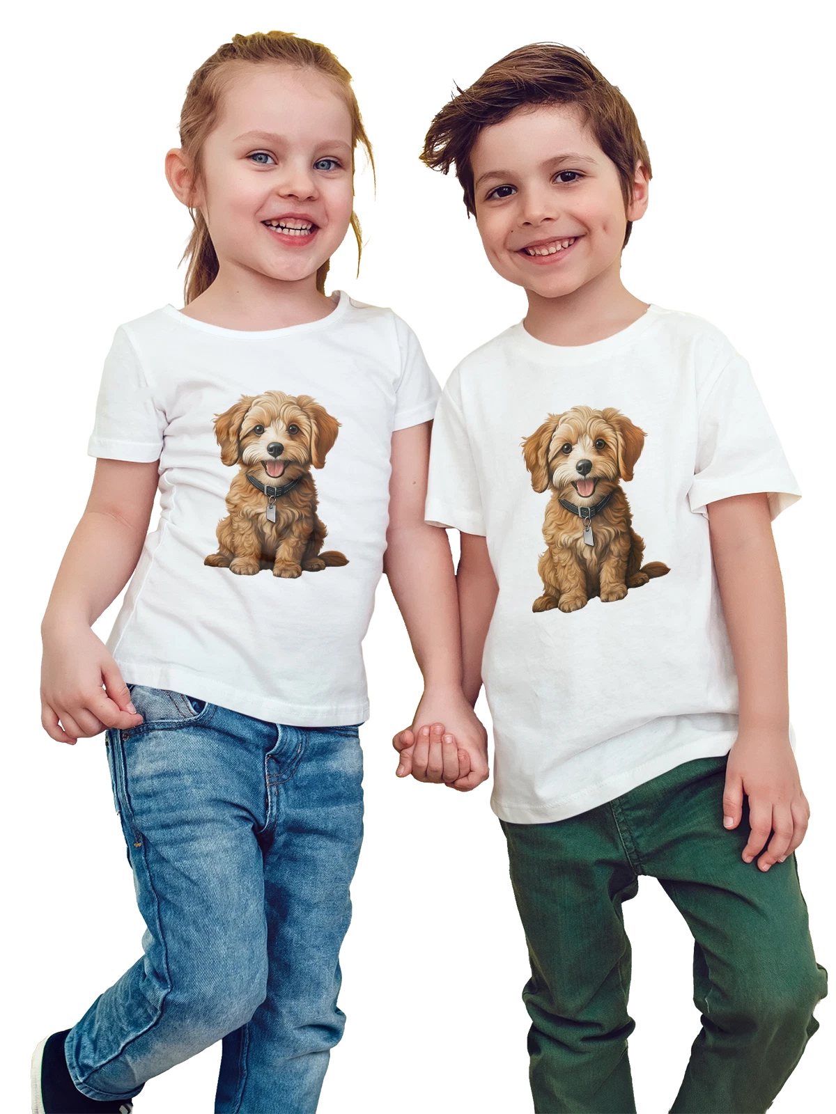 Футболка детская Golden doodle puppy с черным ошейником белая с принтом — фронтальный взгляд — Белая, фото 1