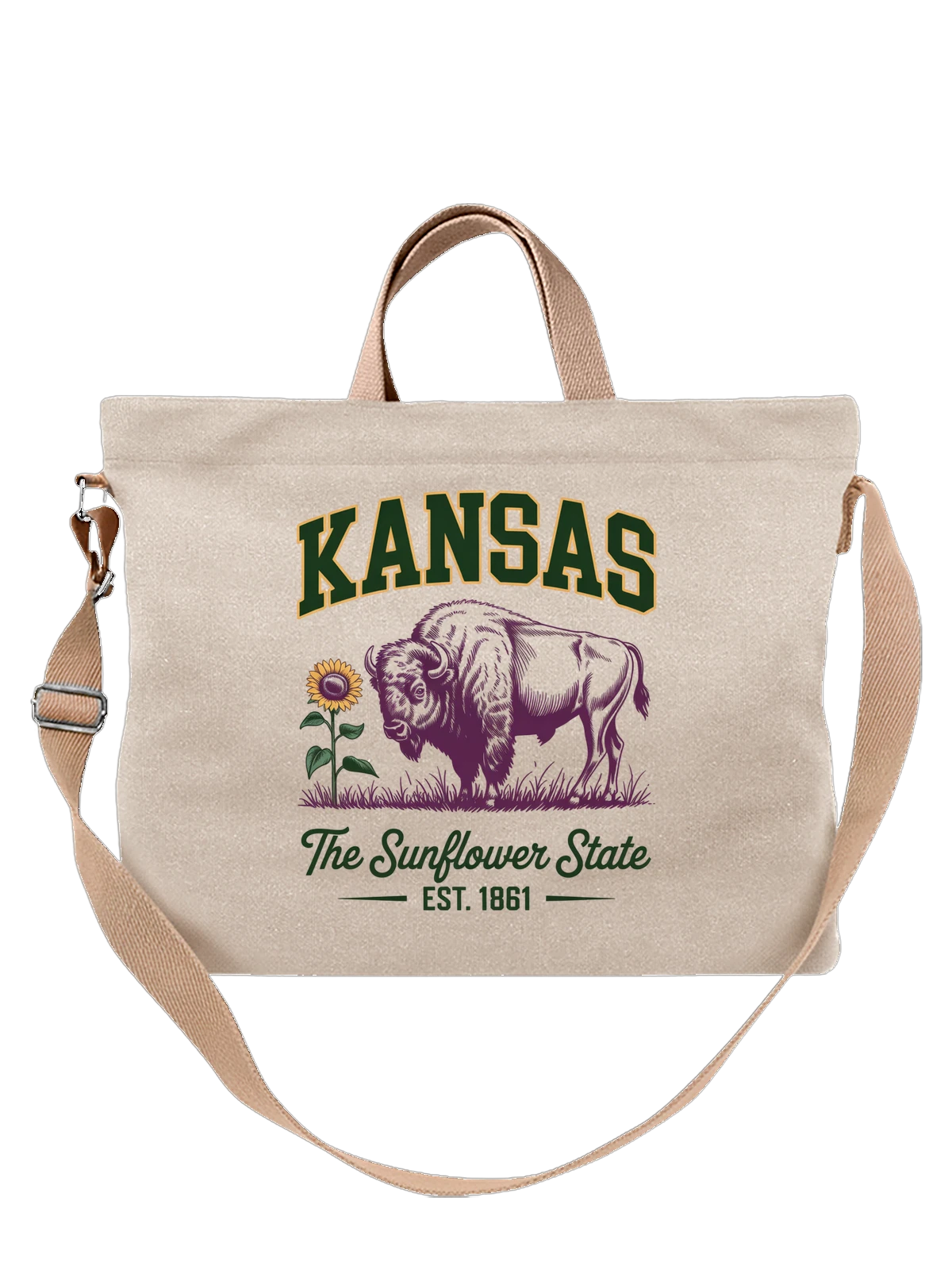 Сумка бежевая с принтом Kansas бык и подсолнух, ретро стиль — американский штат — Бежевая, фото 1
