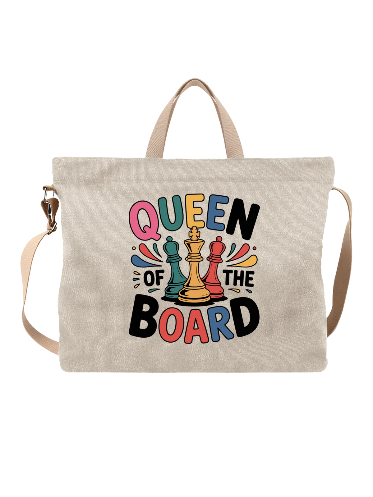 Сумка бежевая с принтом с шахматными фигурами и словом QUEEN — логотип — Бежевая, фото 1