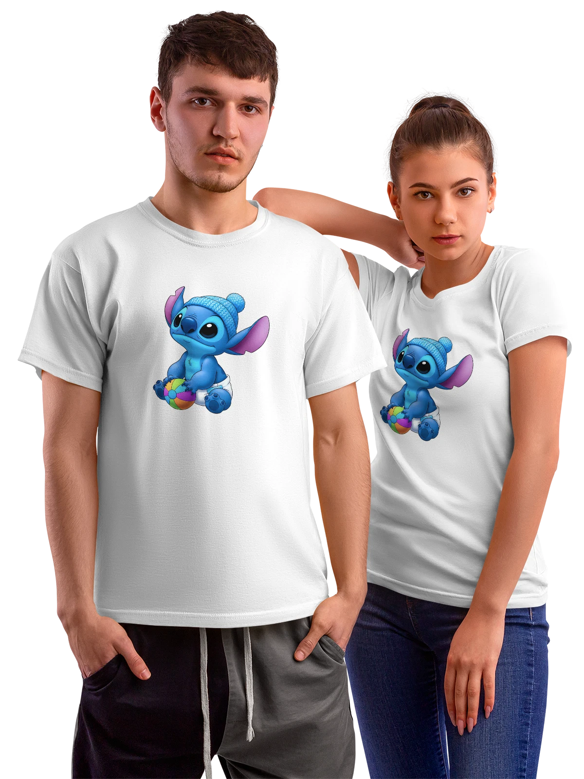 Футболка Стич Stitch мультфильм малыш с мячом белая с принтом — ушки — Белая, фото 1