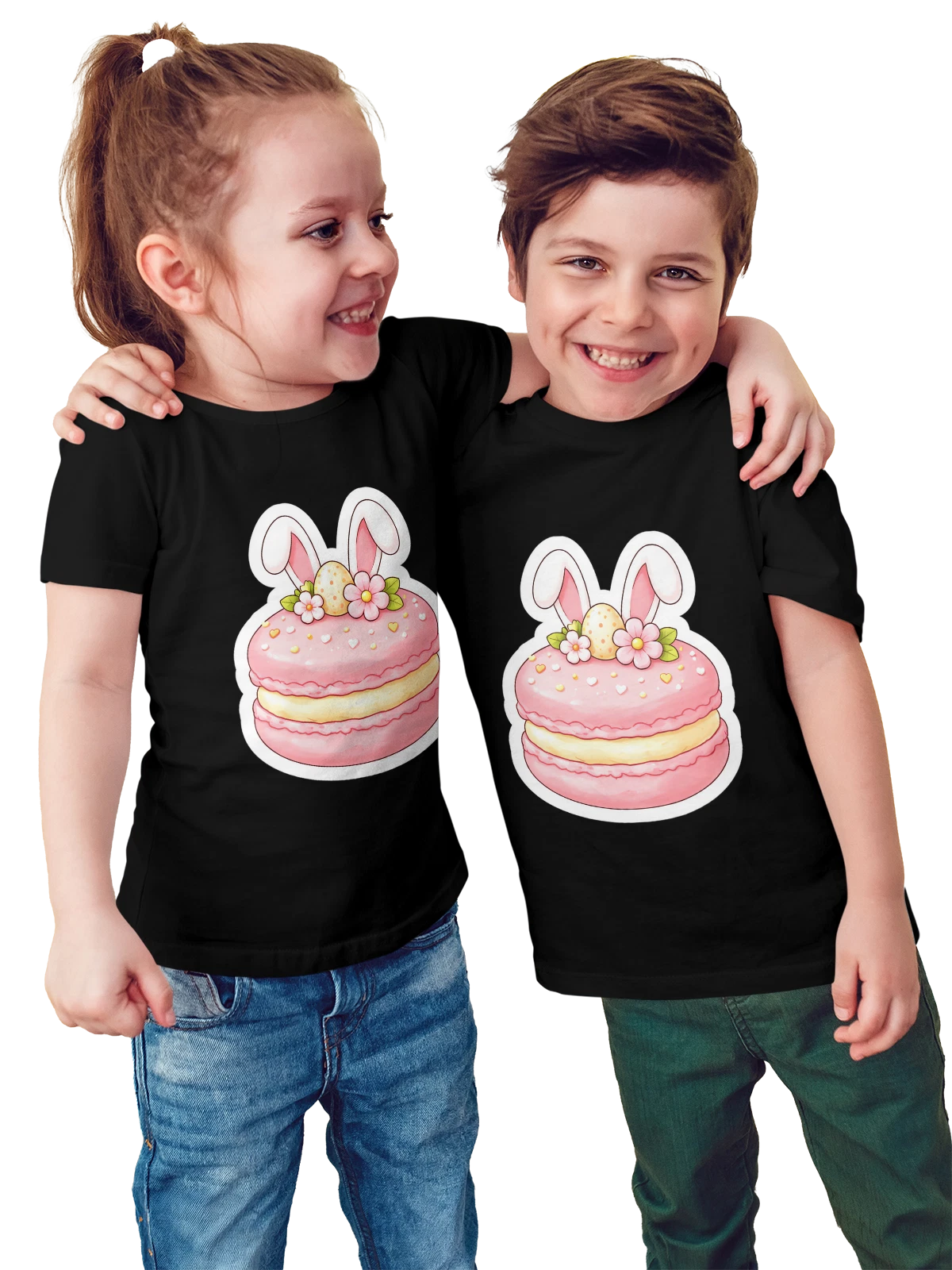 Футболка детская Bunny macaron с ушками зайца и цветами чёрная с принтом — кремовая начинка — Чёрная, фото 1