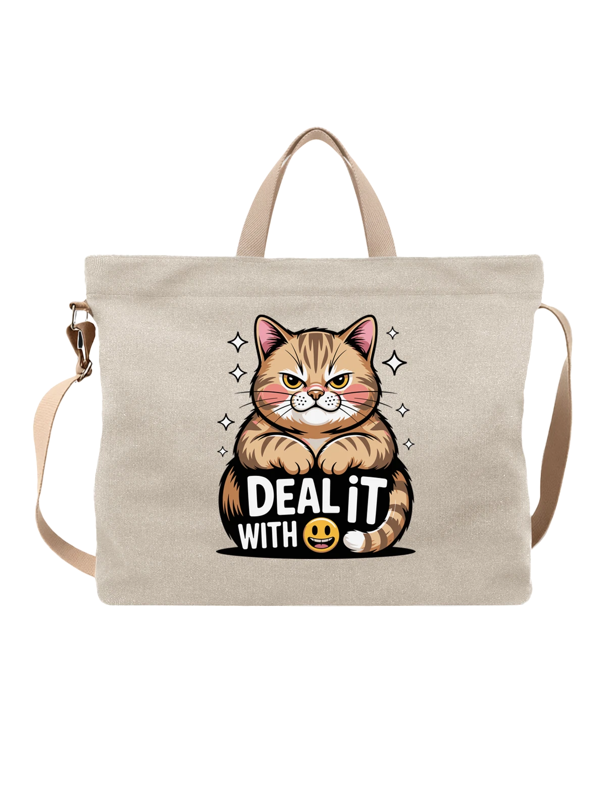Сумка бежевая с принтом Кот с надписью Deal It With — забавный кот — Бежевая, фото 1