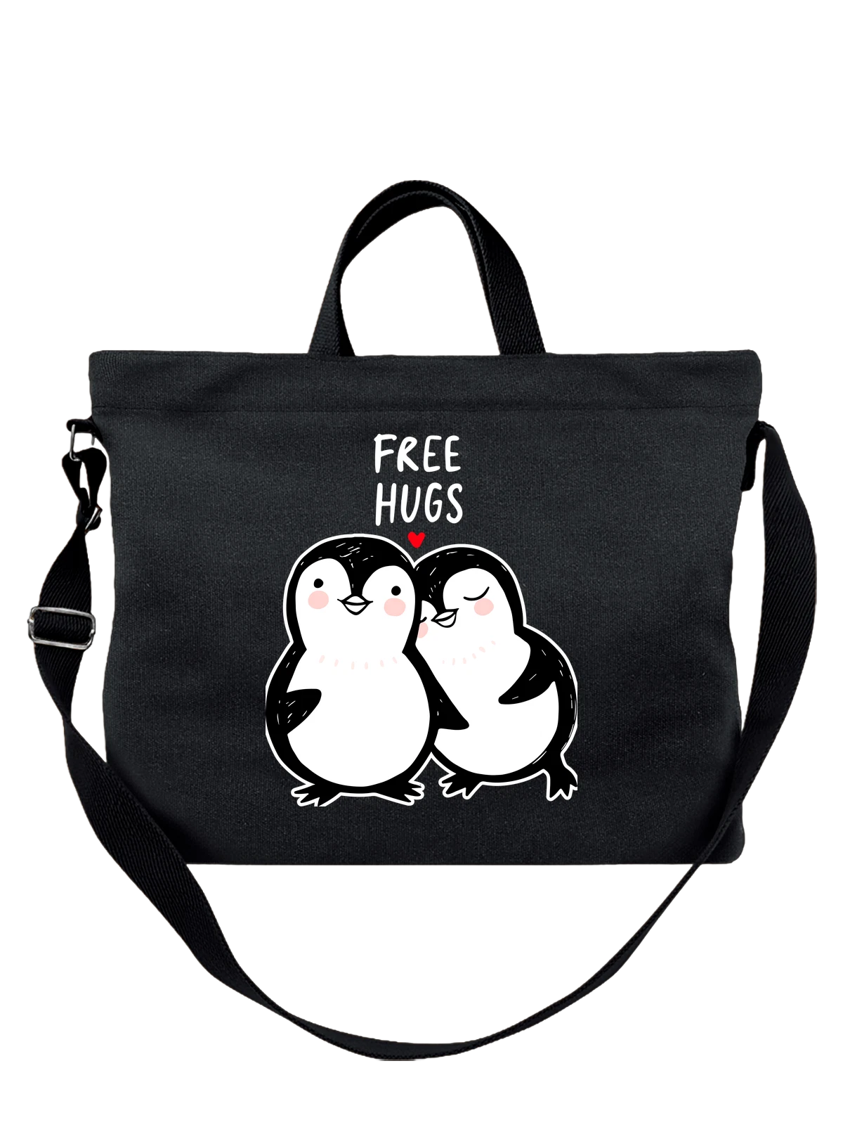 Сумка Пингвины сердечко free hugs чёрная с принтом — подарок любимой — Чёрная, фото 1