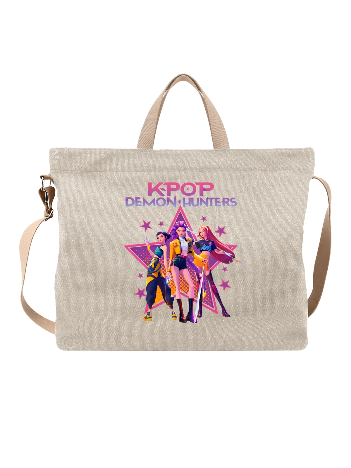 Сумка бежевая с принтом KPOP DEMON HUNTERS три героини с мечом — постер — Бежевая, фото 1