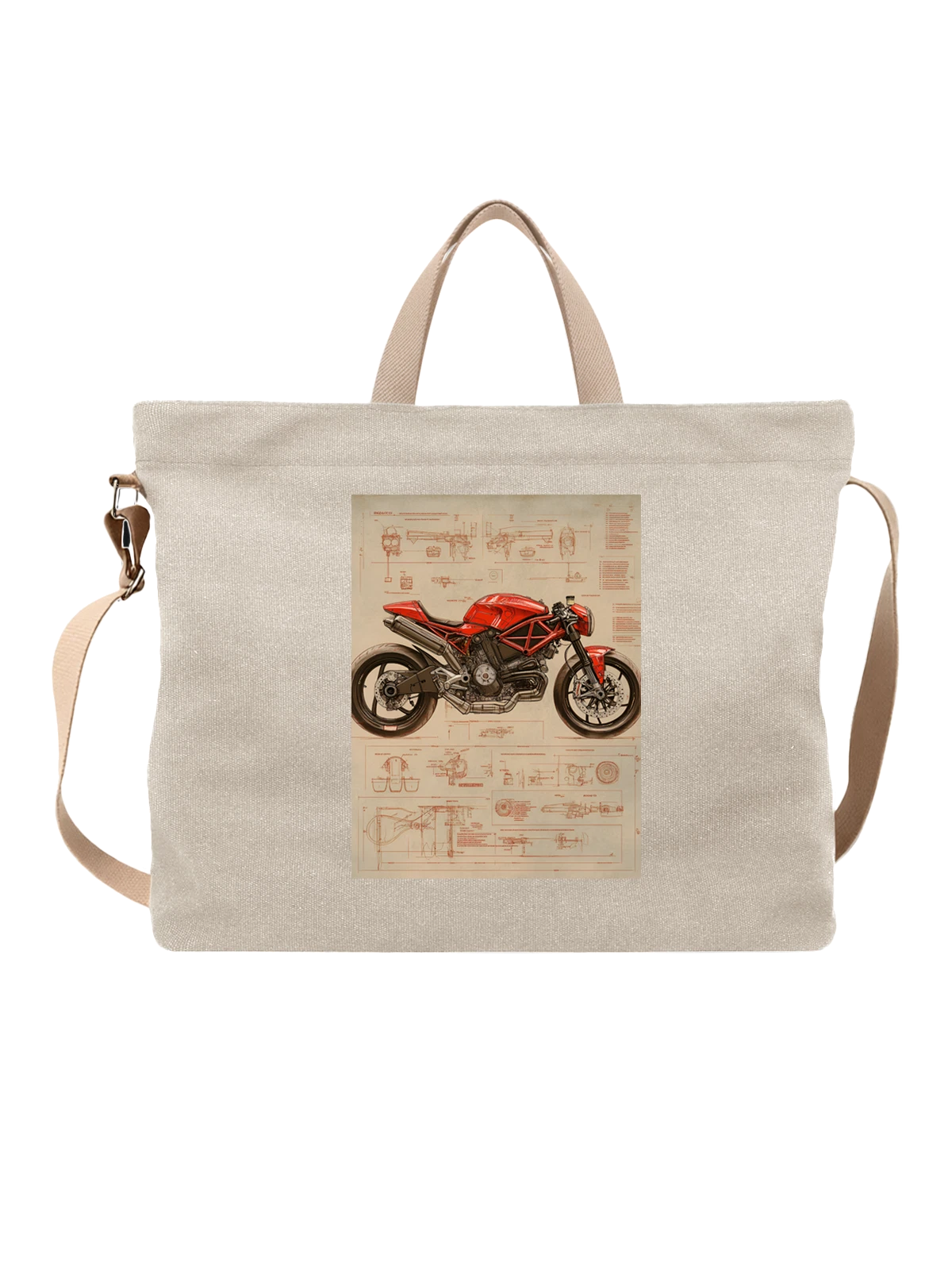 Сумка бежевая с принтом Ducati sportbike в стиле blueprint — мототехника — Бежевая, фото 1