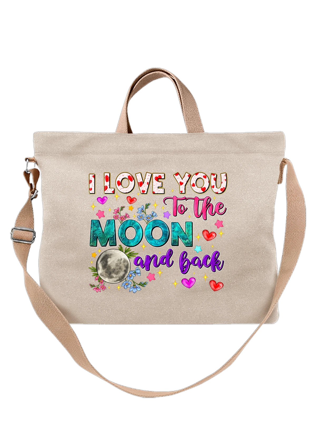 Сумка бежевая с принтом I Love You To The Moon And Back — валентинка — Бежевая, фото 1