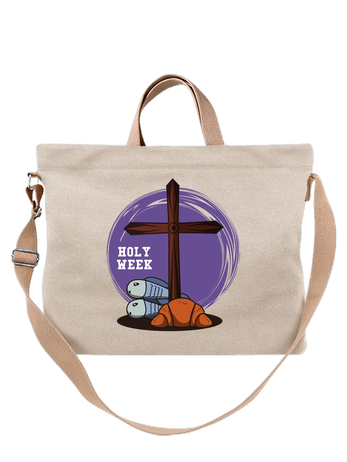 Сумка бежевая с принтом Крест с рыбой и хлебом, Holy Week — bread — Бежевая, фото 1