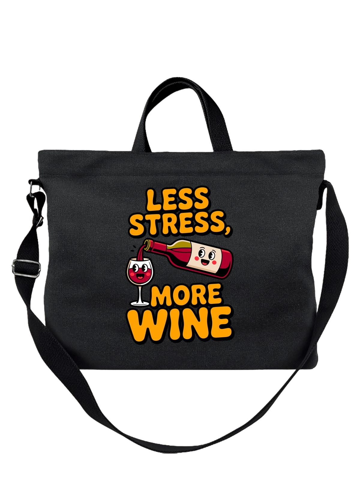 Сумка чёрная с принтом Less Stress More Wine с вином и бокалом — вино в бокале — Чёрная, фото 1