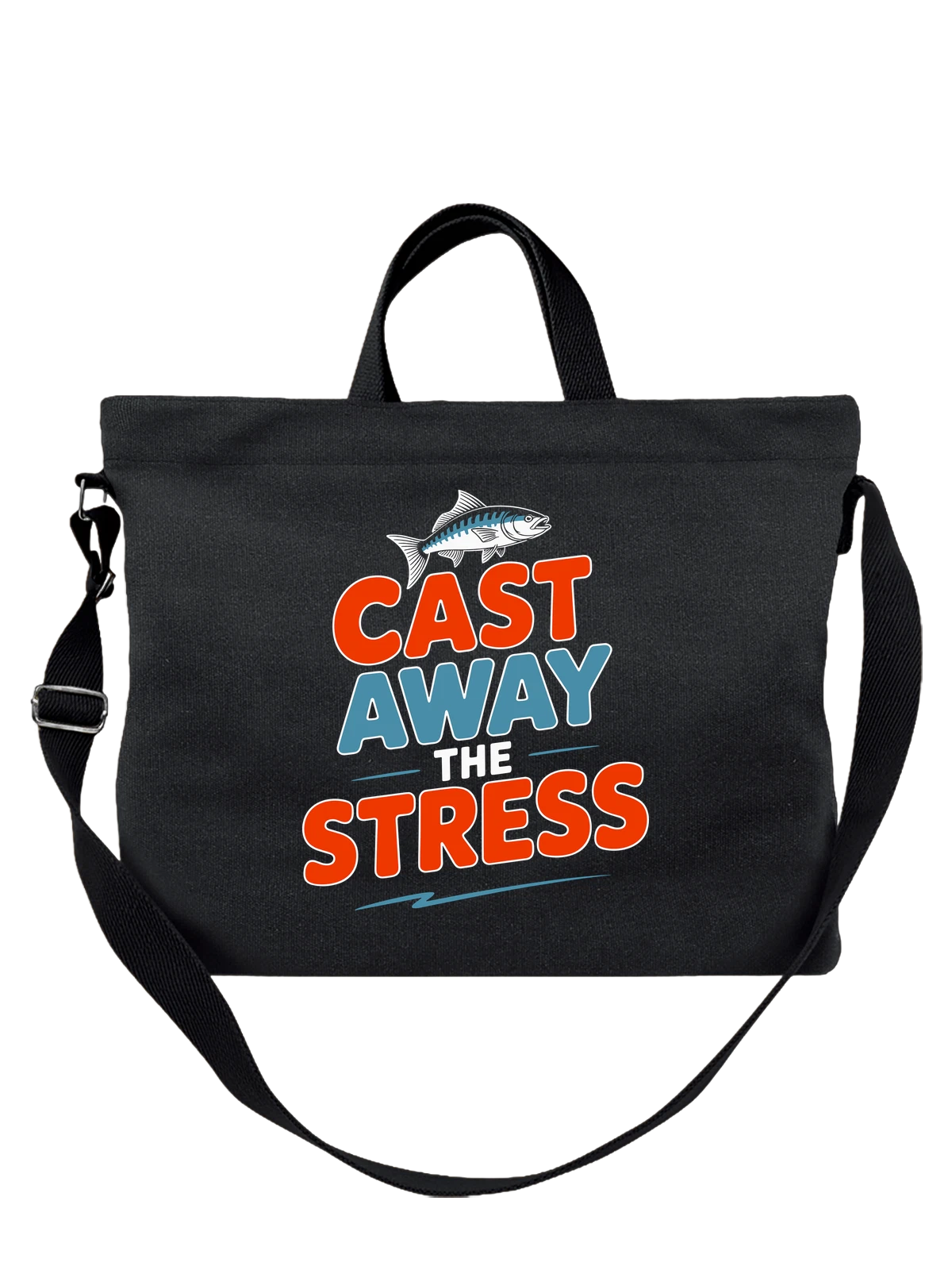 Сумка чёрная с принтом с надписью Cast Away Stress — арт на одежду — Чёрная, фото 1
