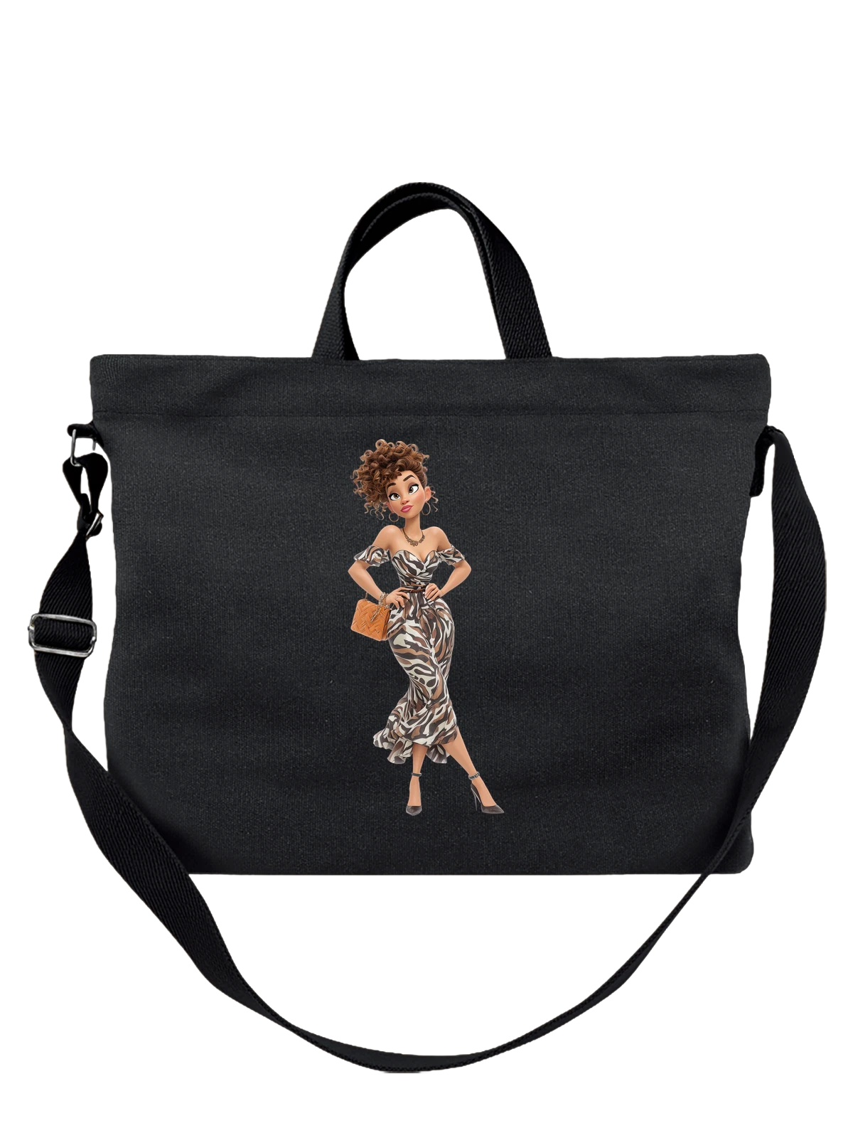 Сумка чёрная с принтом Stylized girl in elegant dress, curls — feminine character — Чёрная, фото 1