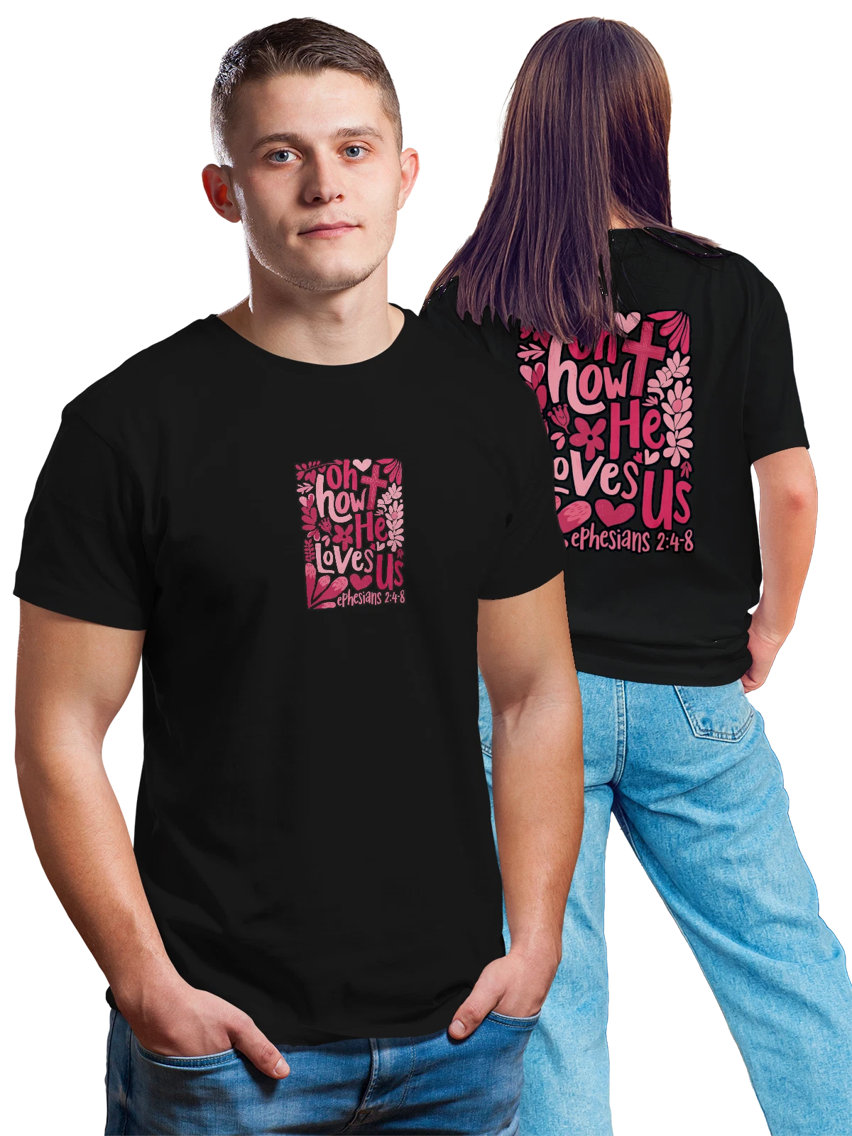 Футболка Christian heart floral lettering print чёрная с принтом на спине — сердца — Чёрная, фото 1