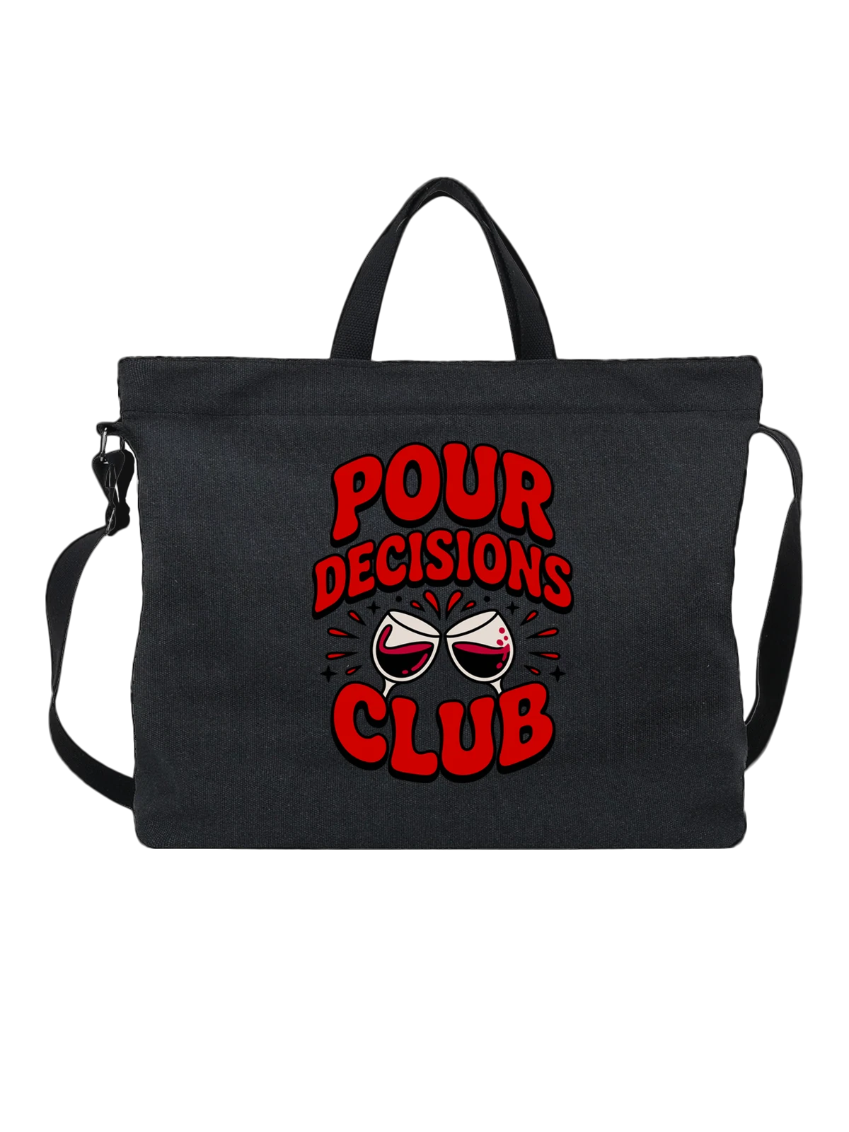 Сумка чёрная с принтом POUR DECISIONS клуб с бокалами вина — барная тема — Чёрная, фото 1