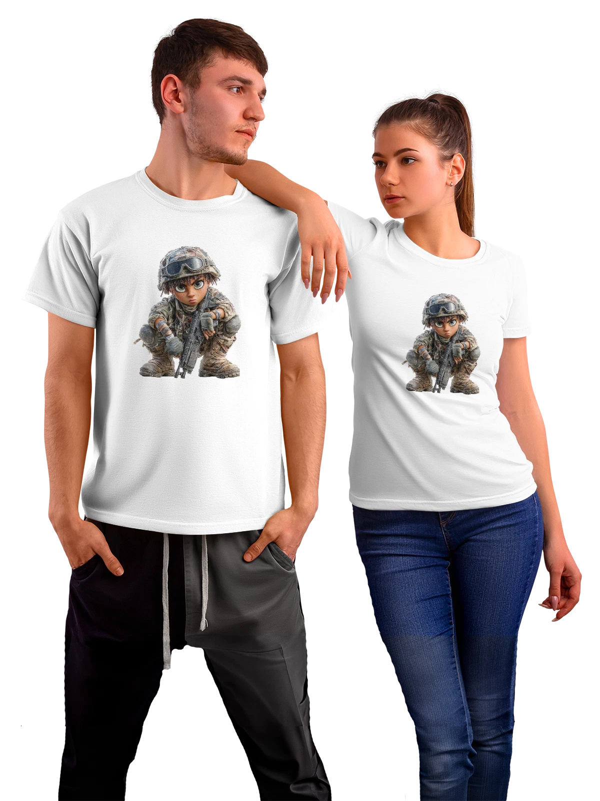 Футболка Кукла солдат в камуфляже с автоматом белая с принтом — camouflage uniform — Белая, фото 1
