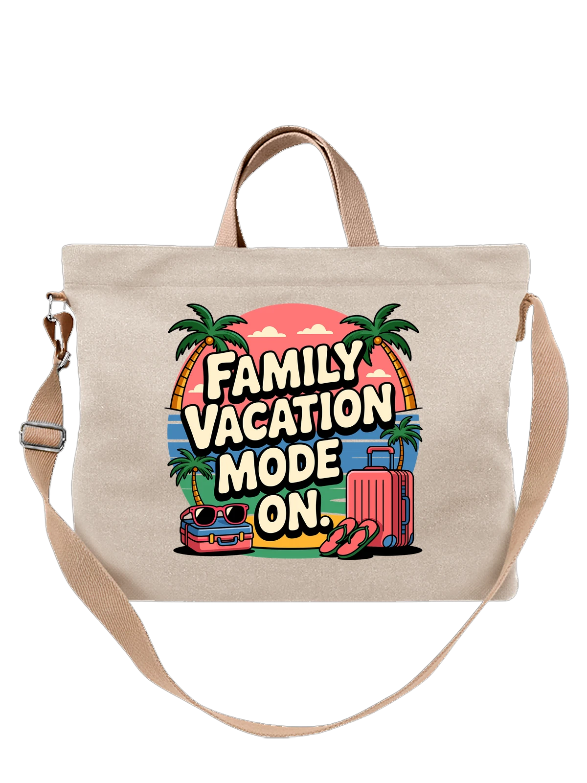 Сумка бежевая с принтом Family Vacation Mode On с пальмами и чемоданом — туристический принт — Бежевая, фото 1