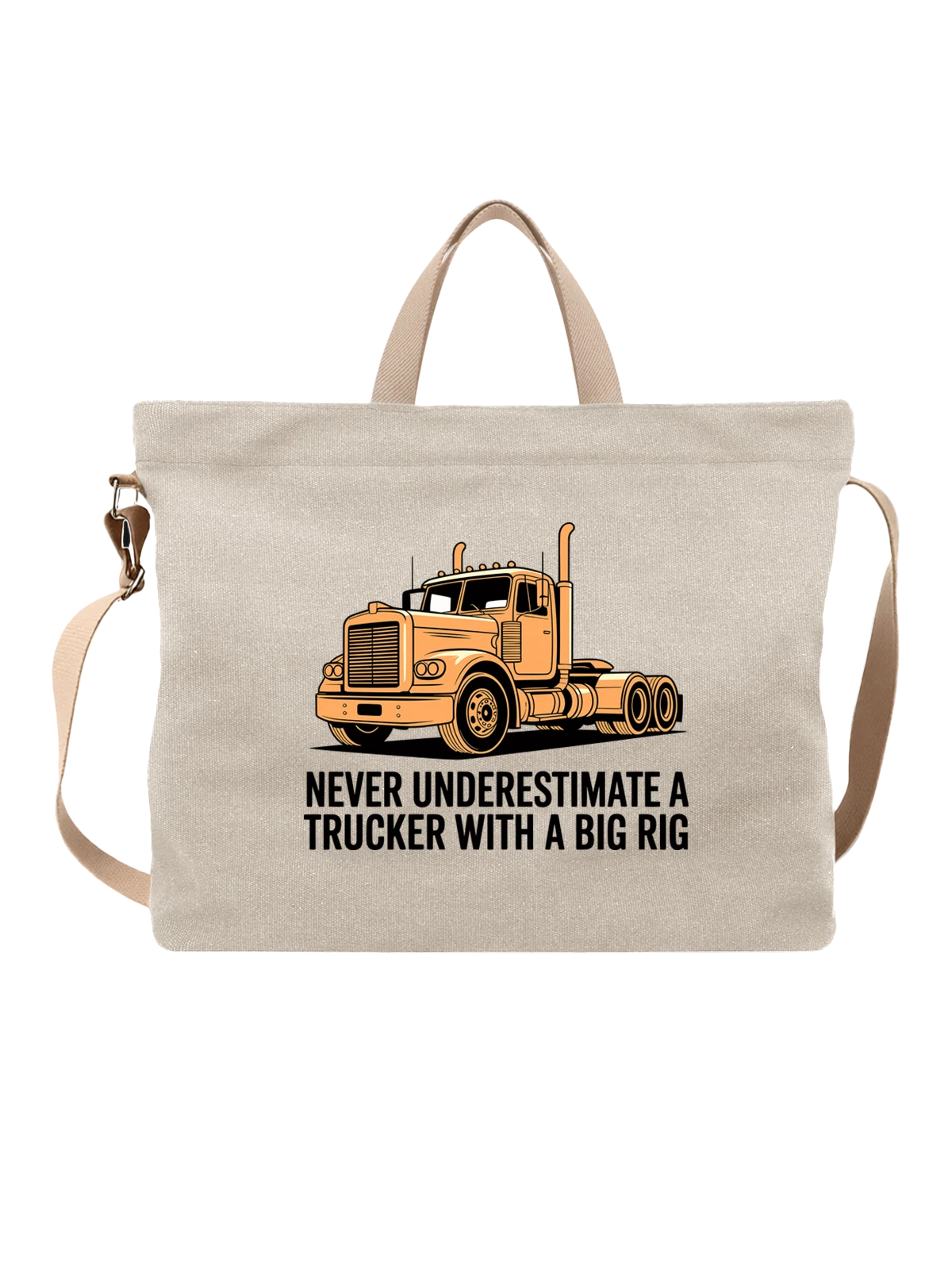 Сумка бежевая с принтом Грузовик тягач с ретро кабиной и прицепом — колёса — Бежевая, фото 1