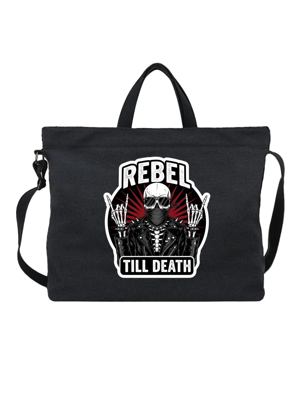 Сумка Skeletal biker в очках и маске REBEL чёрная с принтом — rebel till death — Чёрная, фото 1