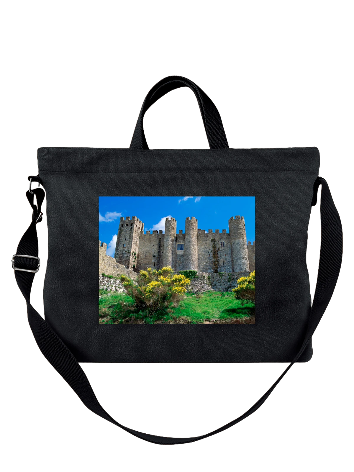 Сумка чёрная с принтом Архитектура Pousada Castle Obidos Portugal — городские огни — Чёрная, фото 1