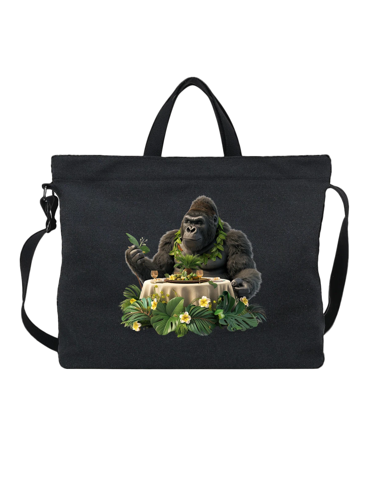 Сумка Горилла с тропическим ужином и листьями чёрная с принтом — фрукты на столе — Чёрная, фото 1