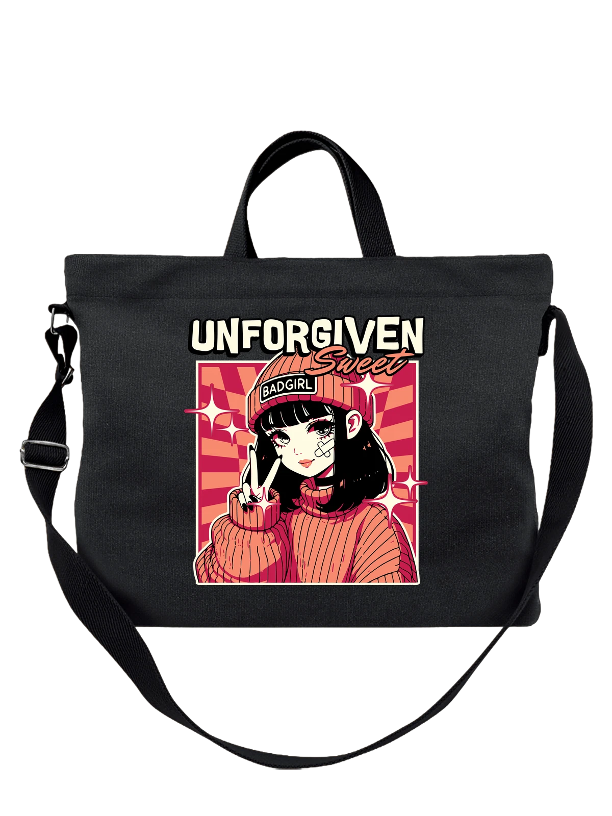 Сумка чёрная с принтом Аниме девушка в шапке Badgirl Sweet Unforgiven — черные волосы — Чёрная, фото 1