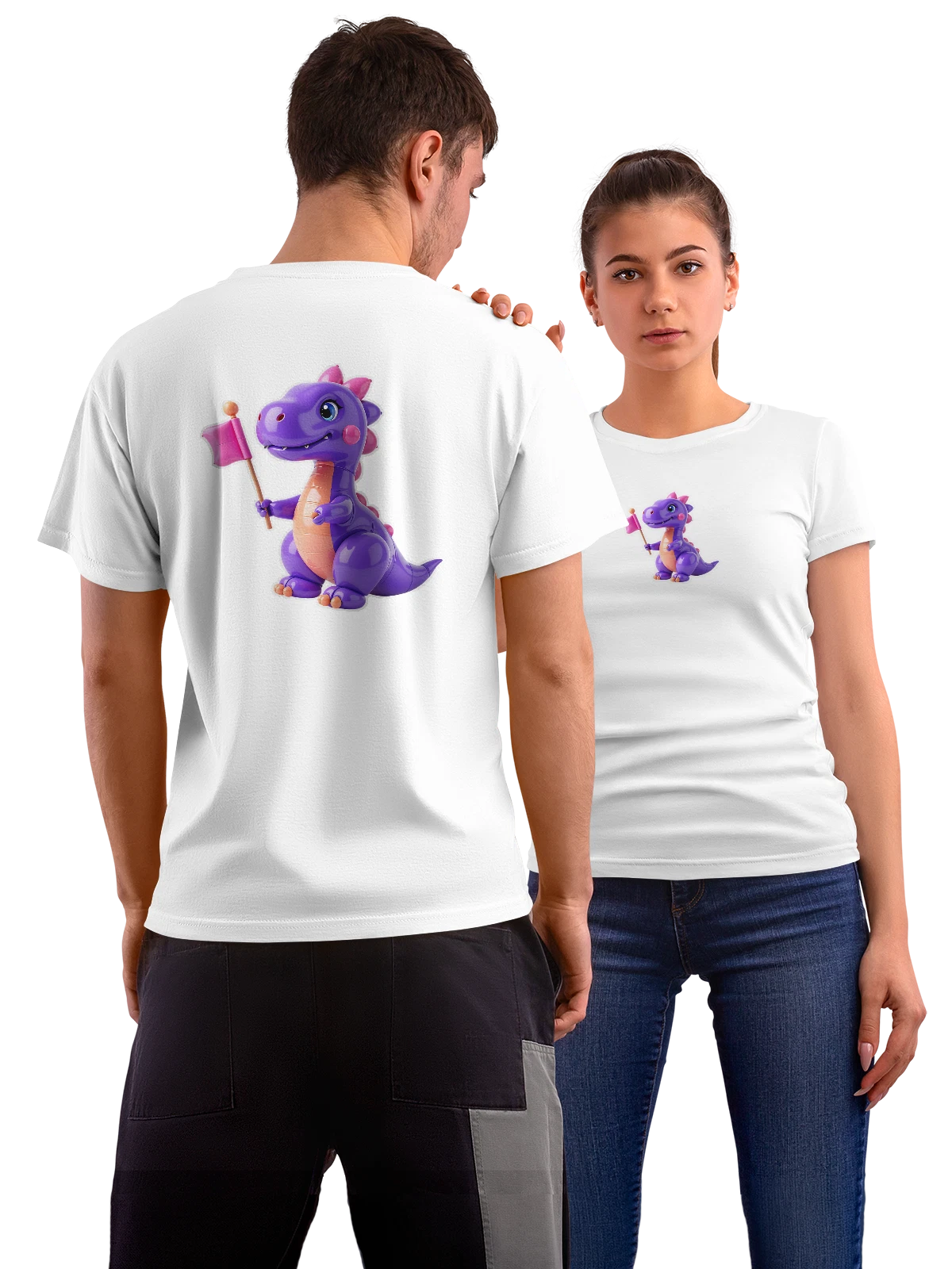 Футболка Фиолетовый динозавр с розовым флажком белая с принтом на спине — розовый флажок — Белая, фото 1