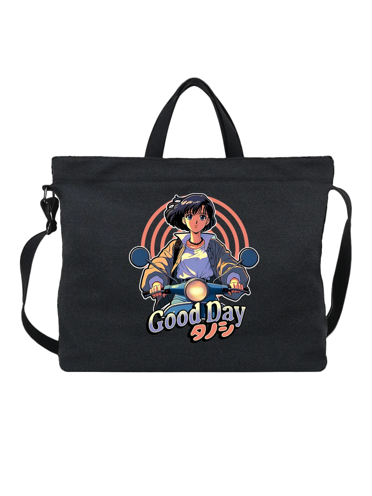 Сумка Девушка на скутере Good Day чёрная с принтом — принт на одежду — Чёрная, фото 1