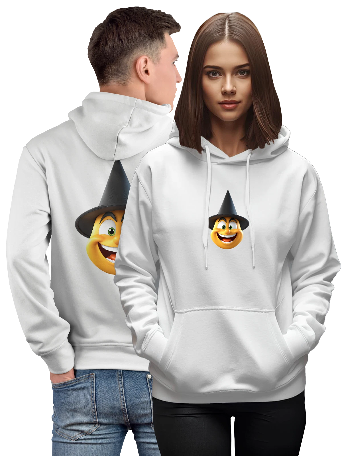 Худи Мультяшная ведьма с широкой улыбкой белое с принтом — герой в шляпе — Белая, фото 1