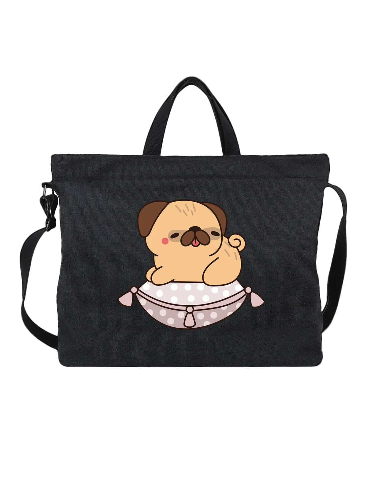 Сумка чёрная с принтом Милый мопс на подушке в горошек — животные — Чёрная, фото 1
