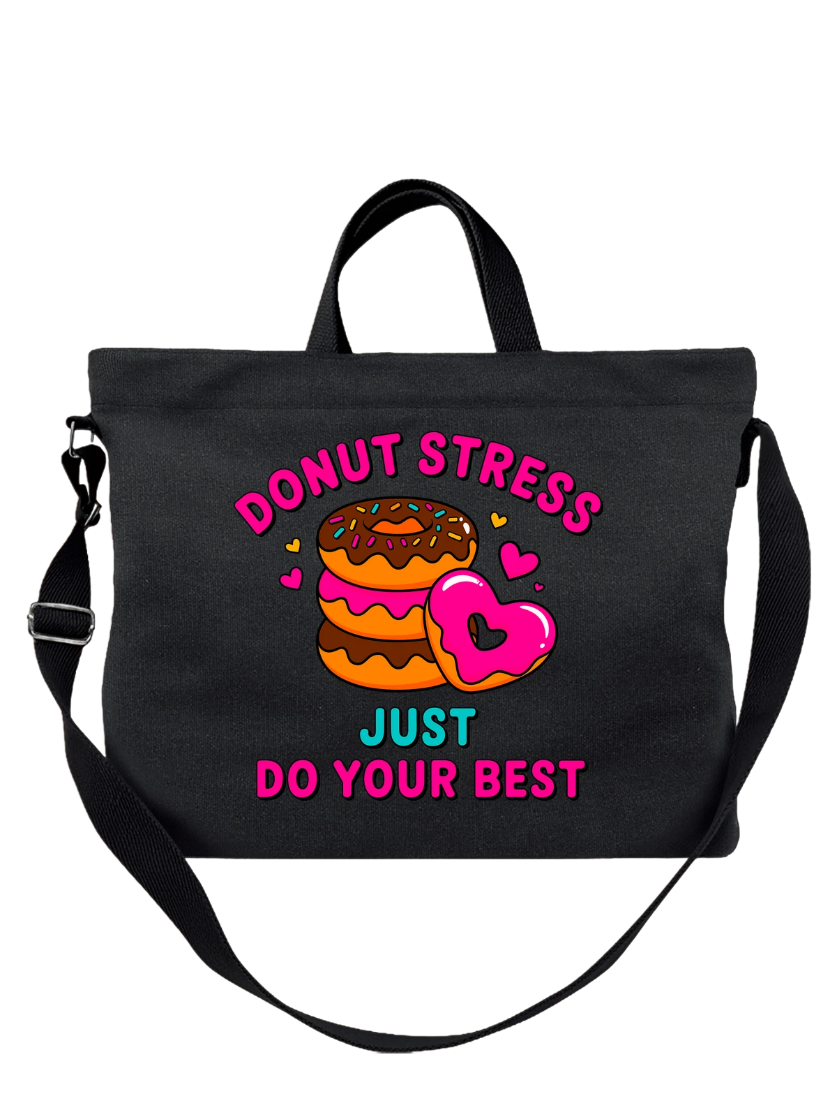 Сумка чёрная с принтом Пончики с сердечком и надписью Donut Stress — розовая глазурь — Чёрная, фото 1